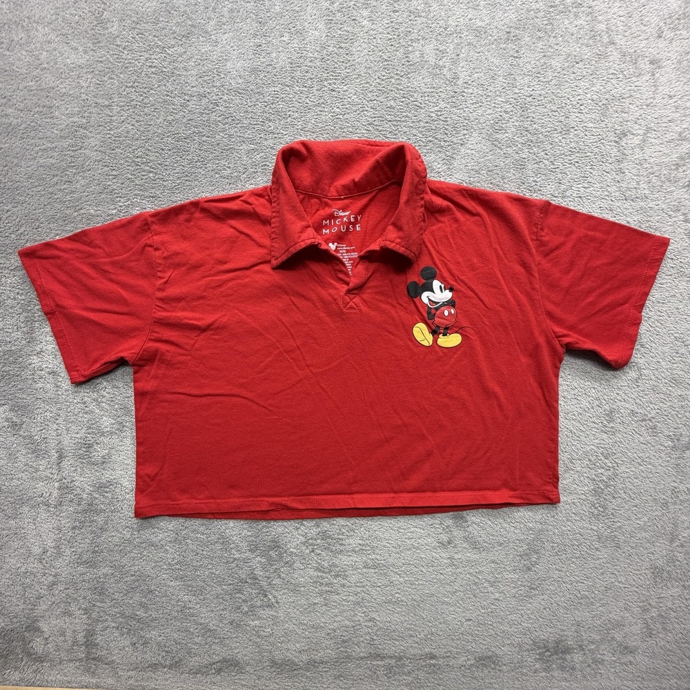 Disney Mickey Mouse Polo Shirt Womens Medium Red Cropped Graphic‎ Collared Top